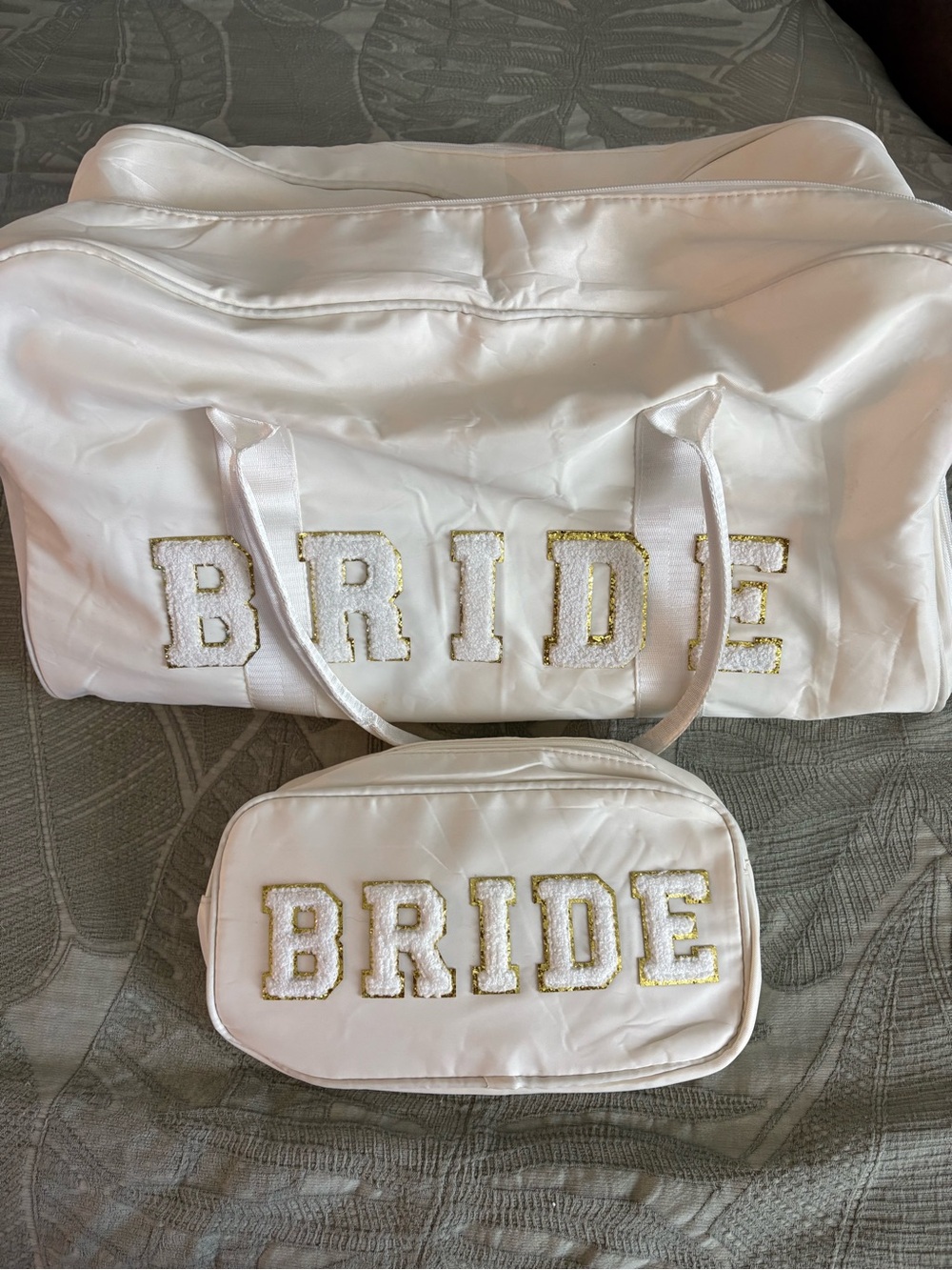 White BRIDE Satin Bridal Travel Bag Set with Gold Trim